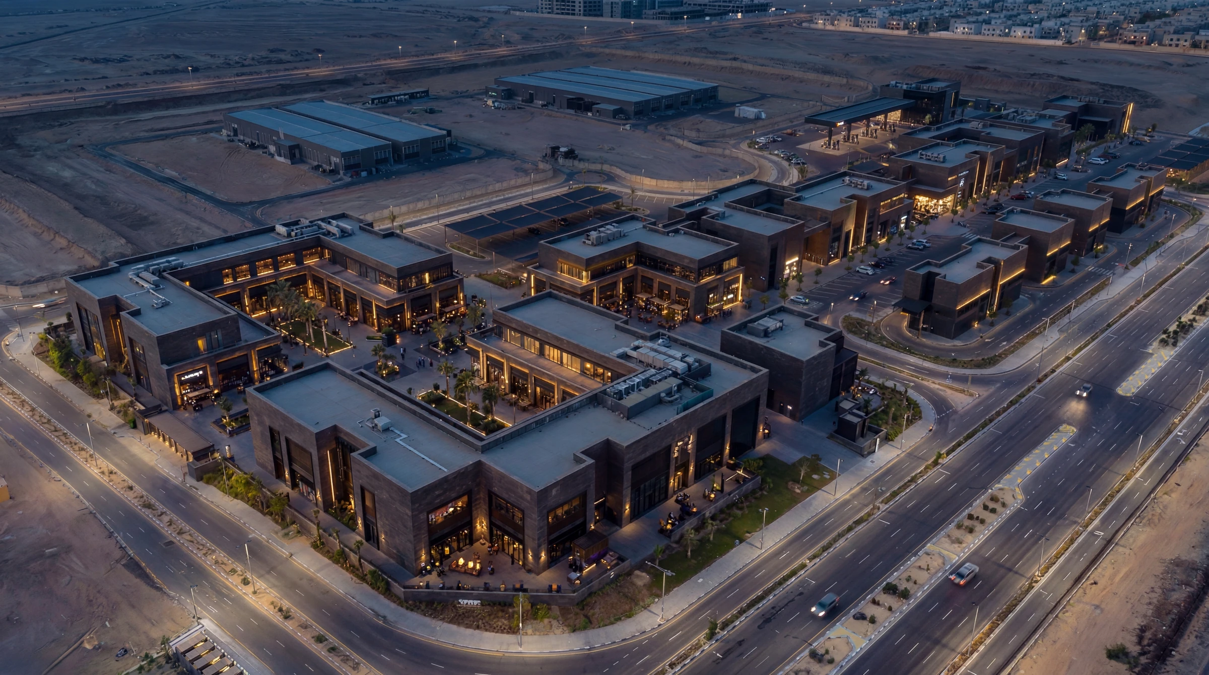 Yanbu Park master plan, top-down aerial at night
