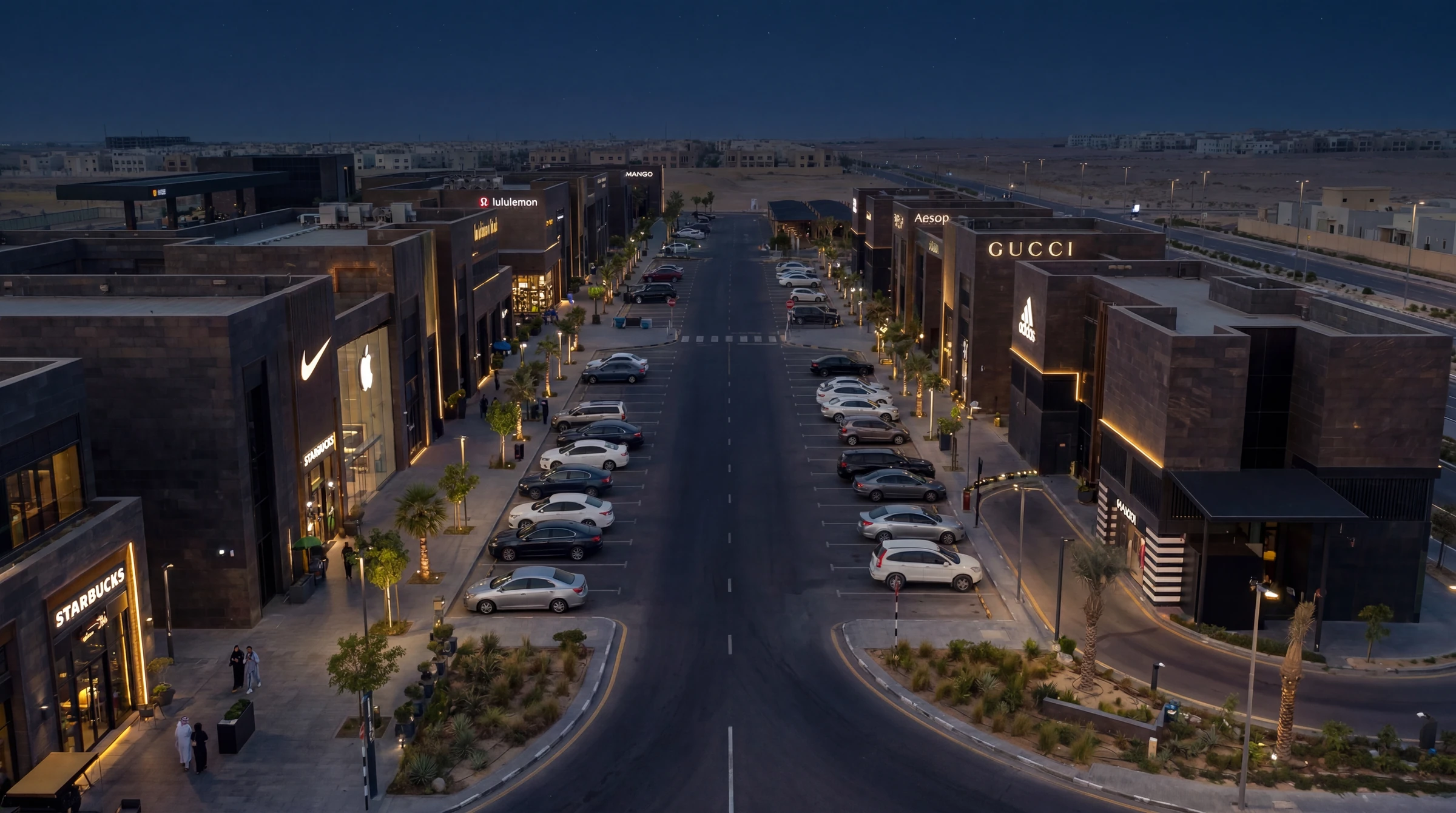 Yanbu Park — the main retail promenade at night